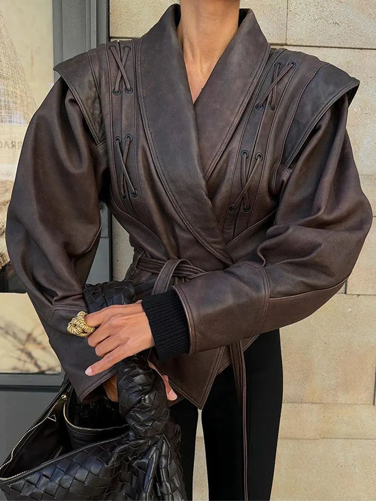 Vestes en cuir vintage à col revers avec ceinture pour femmes