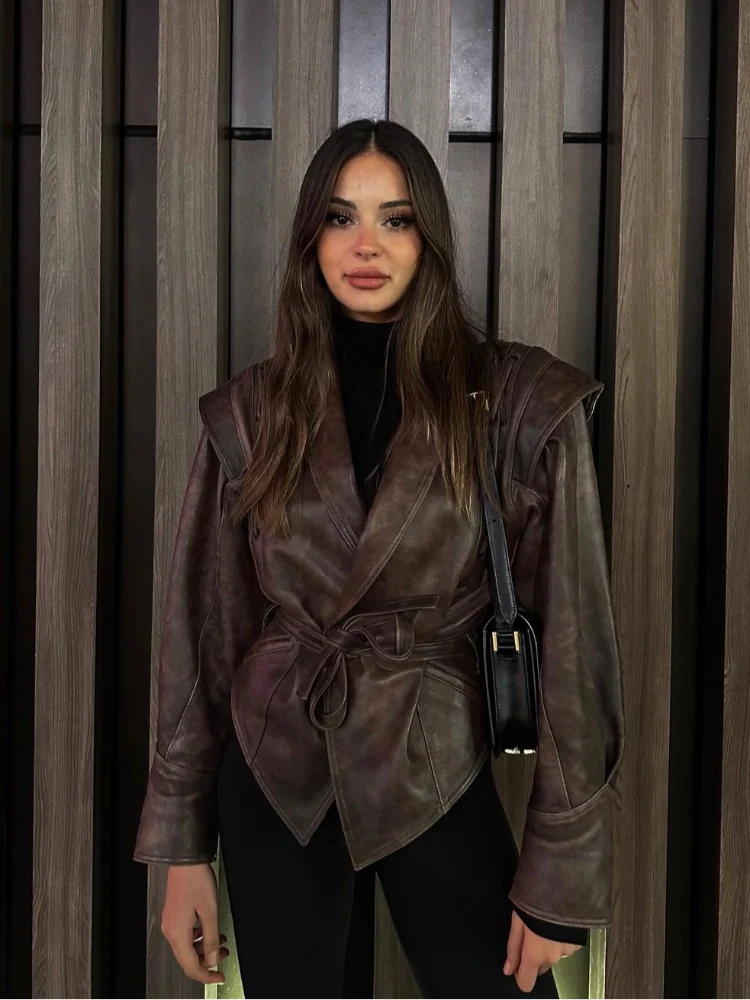 Vestes en cuir vintage à col revers avec ceinture pour femmes