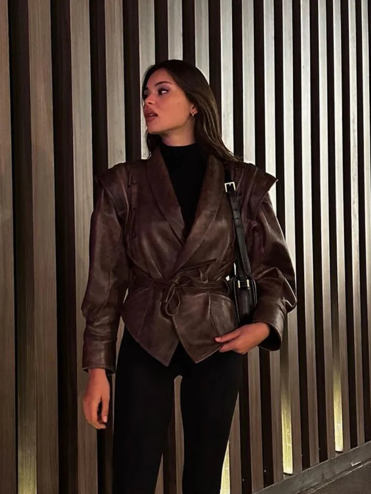 Vestes en cuir vintage à col revers avec ceinture pour femmes