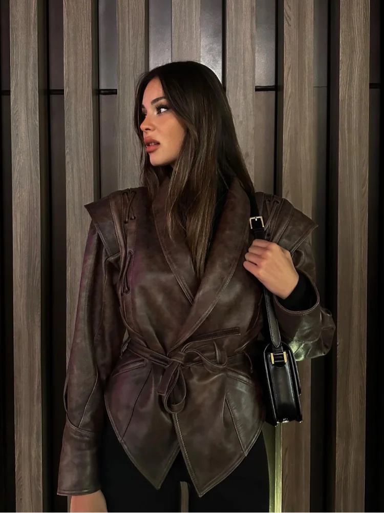 Vestes en cuir vintage à col revers avec ceinture pour femmes